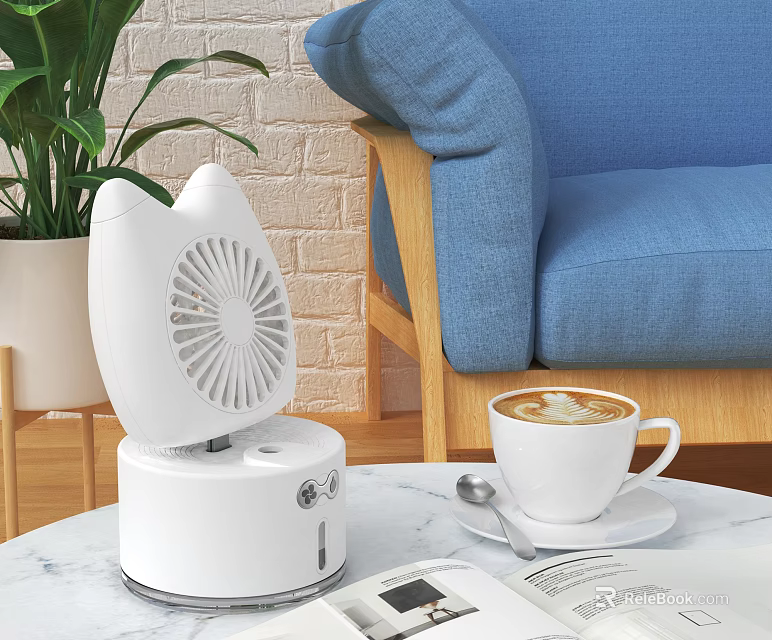 Modern White Air Cooler Fan on Table with Coffee Cup and Magazine in Living Room 3d model 