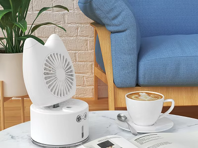 Modern White Air Cooler Fan on Table with Coffee Cup and Magazine in Living Room 3d model
