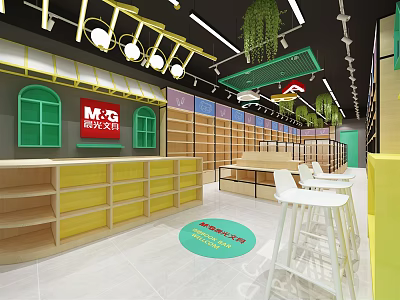 Fashion Stationery Store Interior With Yellow Green Shelves White Chairs And Decorative Lights 3d model