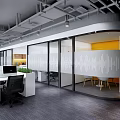 Modern Office Break Room With White Cabinets Wooden Shelves Island Counter And Blue Walls
