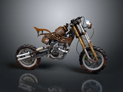 Vintage Custom Motorcycle With Brown Seat Golden Forks And Off Road Tires 3d model