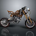 Vintage Custom Motorcycle With Brown Seat Golden Forks And Off Road Tires