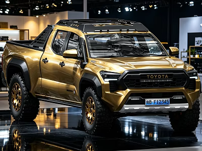 Golden Toyota Pickup Truck With Black Wheels And Roof Rack In Exhibition Hall 3d model