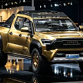 Golden Toyota Pickup Truck With Black Wheels And Roof Rack In Exhibition Hall