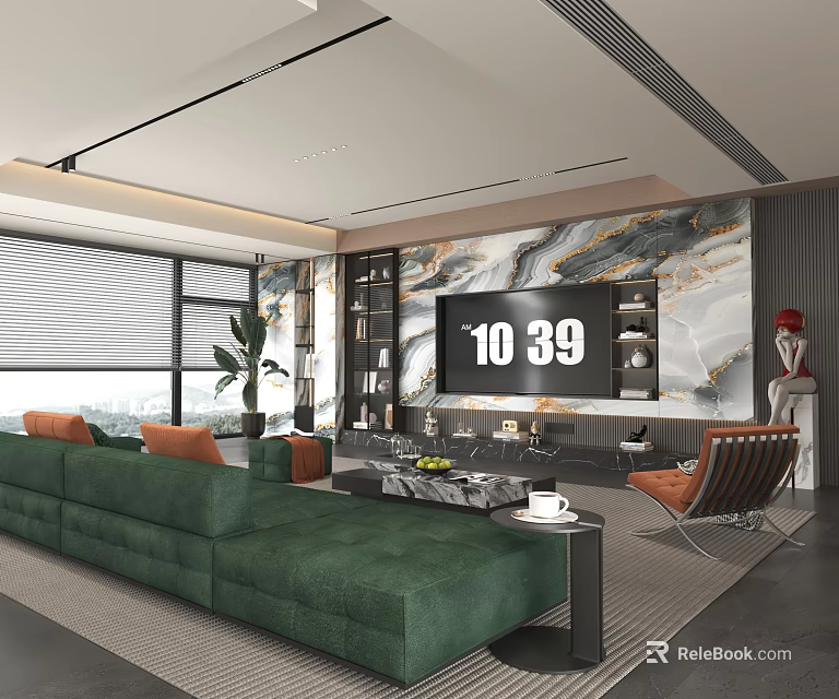 Modern Luxury Living Room With Dark Green Velvet Sofa And Marble TV Background Wall Design 3d model 