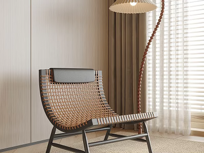 Woven Leisure Chair with Black Metal Frame by Light Wooden Wall and Floor Lamp 3d model
