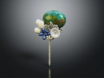 Elegant Jewelry Hairpin with Green Gemstone White Pearls Blue Beads and Silver Flower Decoration 3d model