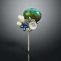 Elegant Jewelry Hairpin with Green Gemstone White Pearls Blue Beads and Silver Flower Decoration