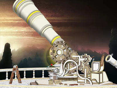 Ornamental Garden Telescope With Gear Details Railing And Sunset Mountain View 3d model