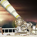 Ornamental Garden Telescope With Gear Details Railing And Sunset Mountain View