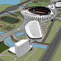 Sports Complex Master Plan With Circular Stadium Green Spaces And Central Lake 3d model