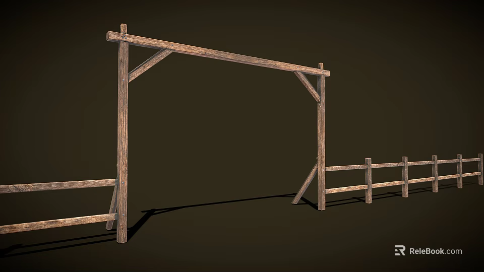 Sheep Grazing Near Wooden Arch And Fence In Dark Background Scene 3d model 