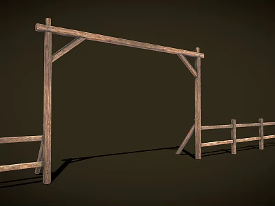 Sheep Grazing Near Wooden Arch And Fence In Dark Background Scene 3d model