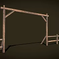 Sheep Grazing Near Wooden Arch And Fence In Dark Background Scene