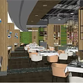 Elegant Restaurant Interior With Wooden Decor Chandeliers Dining Tables And Green Plants