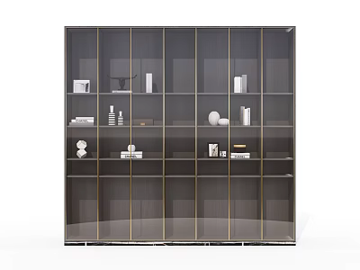 Modern Dark Glass Door Bookcase With Open Shelves And Decorative Items 3d model