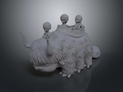 Three Tiny Human Figures Sitting On Shaggy Horned Creature Back Sculpture 3d model