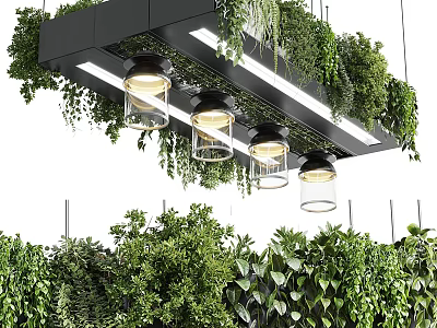 Modern Chandelier Design With Black Frame Glass Shades And Hanging Greenery Plants 3d model