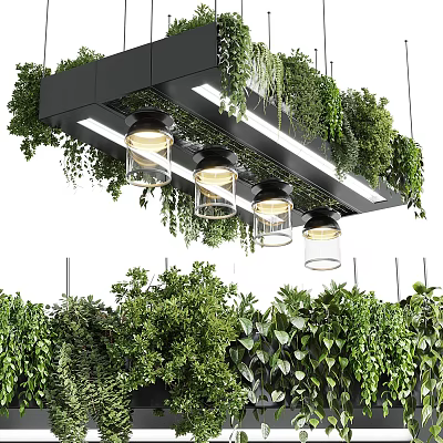 Modern Chandelier Design With Black Frame Glass Shades And Hanging Greenery Plants 3d model