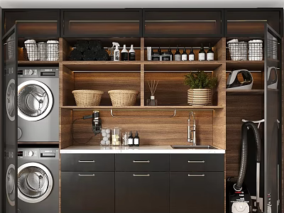 Bathroom Cabinet With Wooden Design Washing Machine Dryer Storage Baskets Toiletries Sink And Potted Plant 3d model