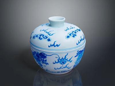 Traditional Blue And White Porcelain Jar With Lid And Dragon Cloud Patterns 3d model