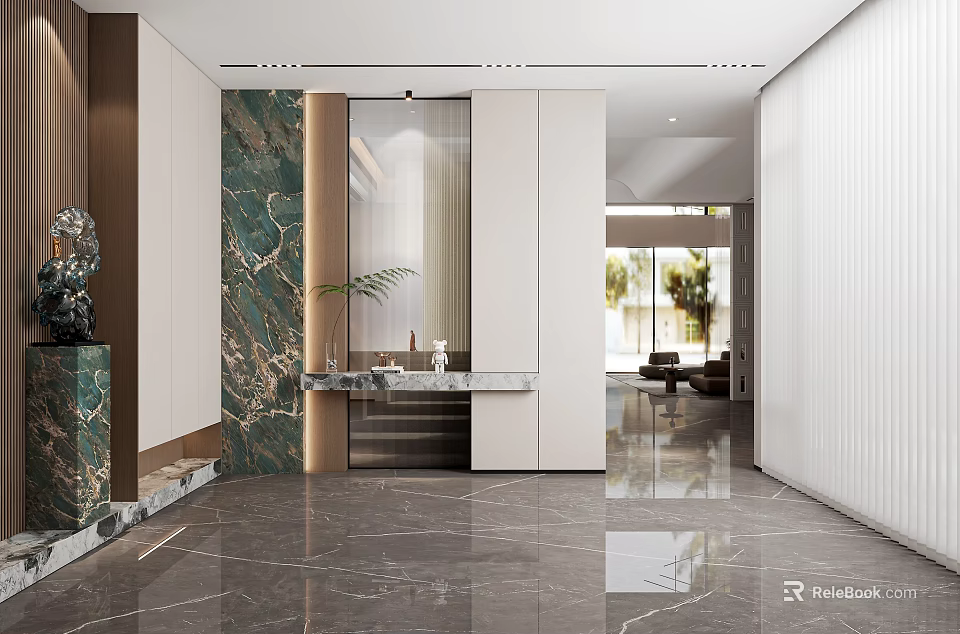 Modern Entryway Interior Design With Marble Wall Cabinet Mirror Console Table And Lighting 3d model