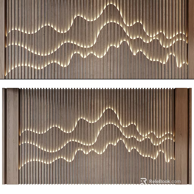 Elegant Illuminated Wooden Wavy Striped Wall With Modern Built-in Lighting Design 3d model 