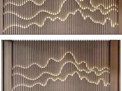 Elegant Illuminated Wooden Wavy Striped Wall With Modern Built-in Lighting Design 3d model