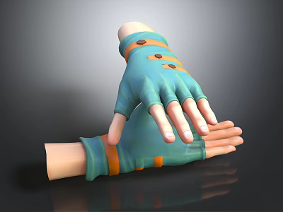 Two Hands Wearing Blue Gloves With Orange Straps Overlapping On Black Surface 3d model