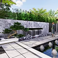 Modern Courtyard Garden Design With Stone Path Water Feature And Pergola Seating Area