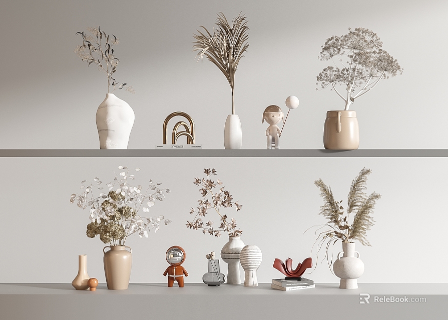 Stylish Vases With Dried Flowers On Shelves Neutral Tones And Small Decor Items 3d model 