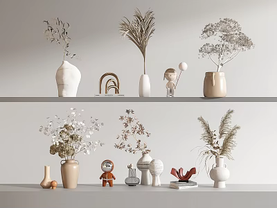 Stylish Vases With Dried Flowers On Shelves Neutral Tones And Small Decor Items 3d model