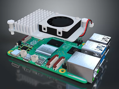 Electronic Circuit Board with Cooling Fan and Embedded System Module Featuring USB HDMI Ports 3d model