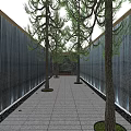 Walkway Lined with Waterfall Walls and Pine Trees Under Soft Lighting