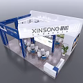 XINSONG Exhibition Booth With Blue And White Design Reception Desk Large Screen And Green Plants