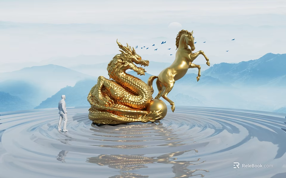 Landscape Sculpture with Golden Dragon and Horse on Rippled Water Surface with Mountain Background 3d model 
