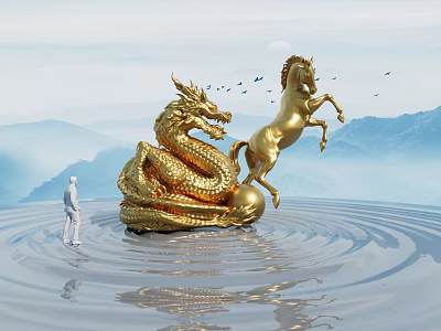Landscape Sculpture with Golden Dragon and Horse on Rippled Water Surface with Mountain Background 3d model