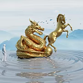 Landscape Sculpture with Golden Dragon and Horse on Rippled Water Surface with Mountain Background