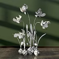 Floral Arrangement with White Flowers Green Stems White Spherical Pots on Wooden Tabletop Green Background