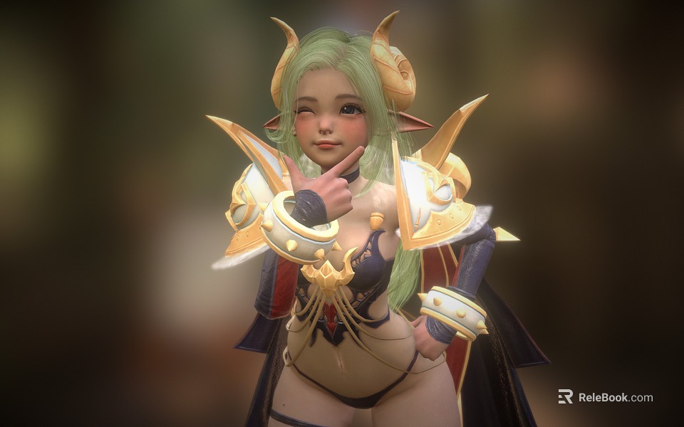 Game And Movie Character With Green Hair Horns Ornate Golden Armor And Cloak 3d model 