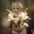 Game And Movie Character With Green Hair Horns Ornate Golden Armor And Cloak