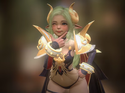 Game And Movie Character With Green Hair Horns Ornate Golden Armor And Cloak 3d model