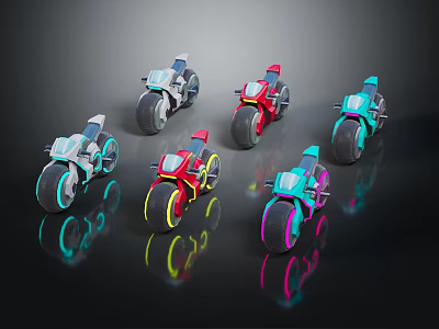 Colorful Futuristic Motorcycles In Various Colors With Neon Lights And Reflective Surfaces 3d model