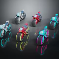 Colorful Futuristic Motorcycles In Various Colors With Neon Lights And Reflective Surfaces