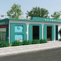 Green And White Garbage House With BOK Sign Plants Trees And Sidewalk