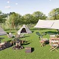 Camping Site With Tents Canopy Wooden Furniture Grill And Natural Surroundings