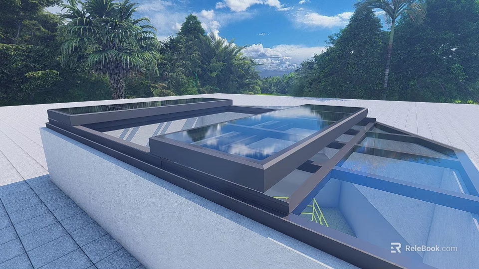 Luxury Detached Villa With Glass Roof Pool And Surrounding Palm Trees Under Blue Sky 3d model 