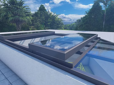 Luxury Detached Villa With Glass Roof Pool And Surrounding Palm Trees Under Blue Sky 3d model