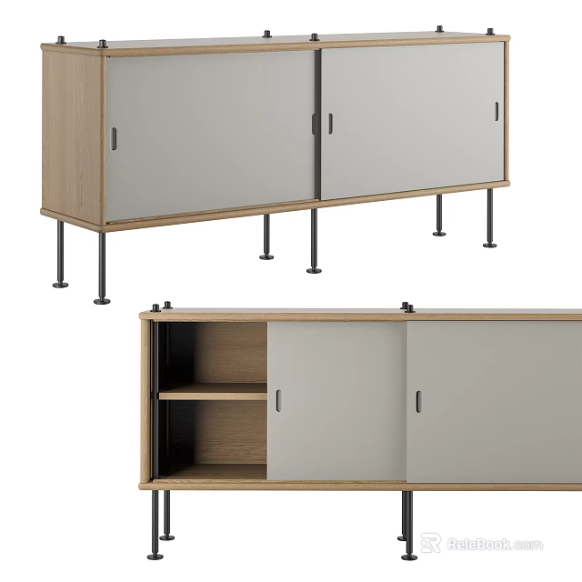 Modern Wooden And Grey Sideboard With Black Slim Legs Storage Shelves And Cabinet Doors 3d model 