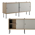 Modern Wooden And Grey Sideboard With Black Slim Legs Storage Shelves And Cabinet Doors